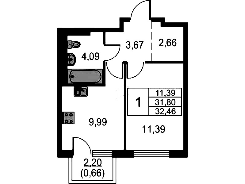 1-комнатная квартира 32.46 м², 15/15 эт., ЖК «Невская Долина»